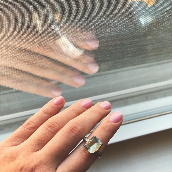 14k White Gold Ring, Green Quartz & Diamond Ring